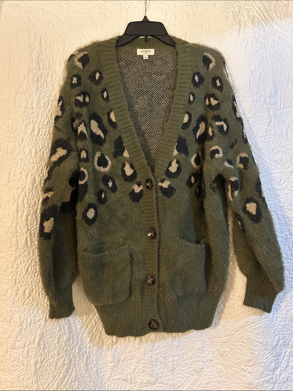 Umgee Olive Green Leopard-Print Button Front Cardigan